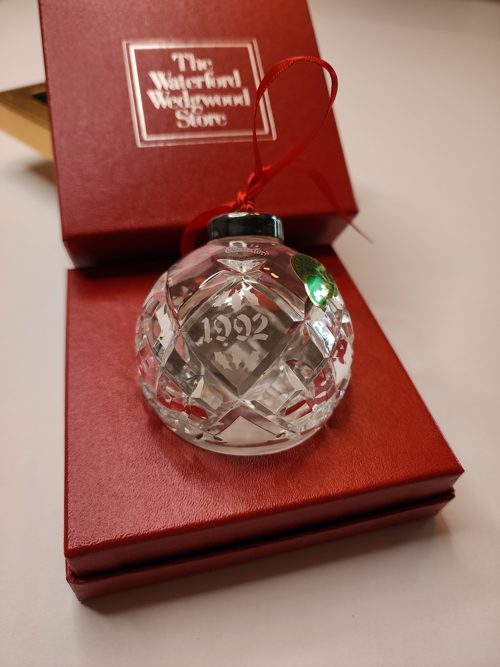 Waterford Crystal Clear 1992 Faceted Holiday Ornament with Red Ribbon